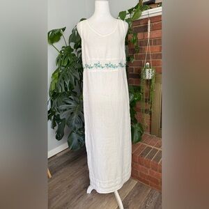 100% Linen Elegant White Embroidered & Button Back Maxi Dress